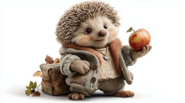 A hedgehog with a humanoid body standing and holding an apple on a white background.