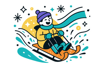 Joyful Sledding Adventure. Winter hill ride. Child sledding down snow-covered hill, scarf flying in wind, soft
