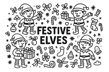 Festive Elves Doodle. Festive Elves. Hand-drawn doodle illustration of Festive Elves. Elves, gift boxes,