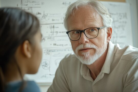 A focused, grey-bearded professor with glasses looks at a student during a lesson, with whiteboard notes in the background.