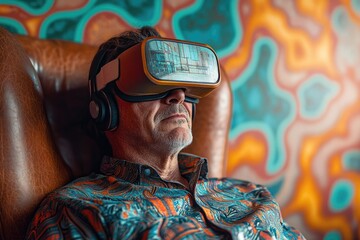 An elderly man fully immersed in a virtual reality experience with a VR headset and headphones, relaxing in a brown leather chair.