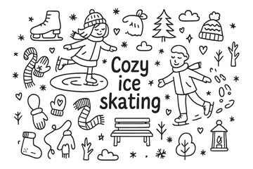 Obraz premium Cozy Ice Skating Doodle. Cozy ice skating. Hand-drawn doodle illustration of Cozy ice skating. People, ice