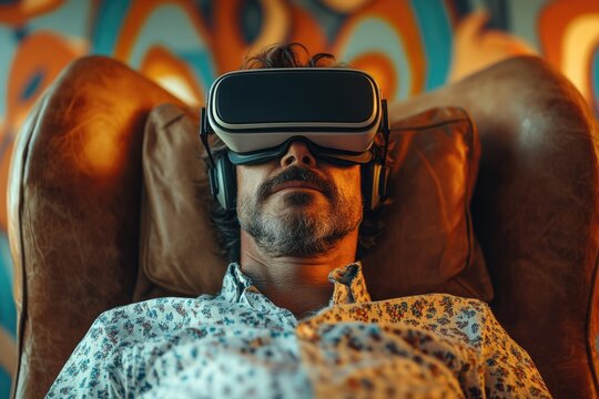 A man with a beard and mustache is deeply immersed in virtual reality, wearing a VR headset and headphones while relaxing in a retro-styled leather armchair.