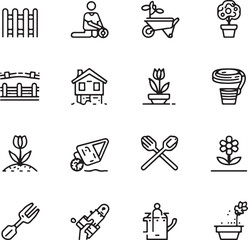 Gardening icon set. Containing plant, gardener, sprout, leaf, planting, seedling, shovel, watering can, rake, cultivation and more
