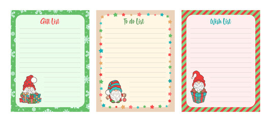 Christmas lists set. Gift list, To do list, Wish list. Lined pages for planner, holiday card, scrapbook notepad. Cute design template with Christmas gnomes. Vector illustration. Printable paper sheet.