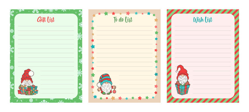 Christmas lists set. Gift list, To do list, Wish list. Lined pages for planner, holiday card, scrapbook notepad. Cute design template with Christmas gnomes. Vector illustration. Printable paper sheet.