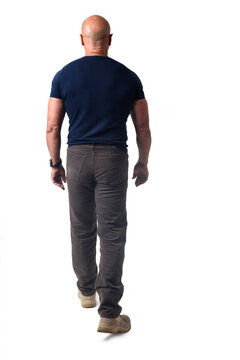 back view of a man walking on white background