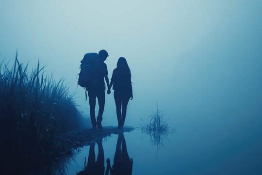 A couple holding hands, their silhouettes reflected on misty water, embarking on a serene, foggy adventure through nature.