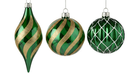 Three green vintage christmas ornaments isolated on transparent background
