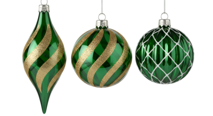 Three green vintage christmas ornaments isolated on transparent background