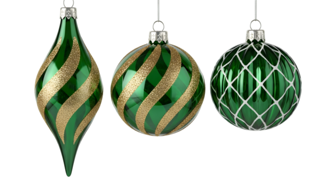 Three green vintage christmas ornaments isolated on transparent background