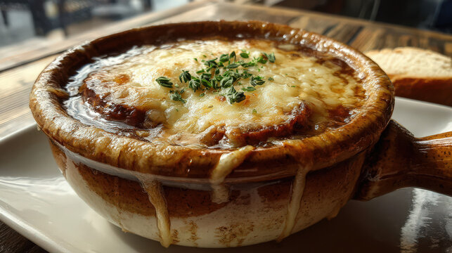 steaming bowl of classic french onion soup with melted gruyère cheese - Powered by Adobe