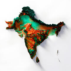 3D rendering of the Indian maps of subcontinent topography, highlighting mountains, plateaus, and lowlands with color-coded elevation on a white background. Perfect for geography.