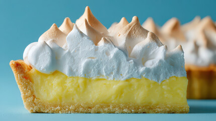 lemon meringue pie slice with fluffy peaks and bright background