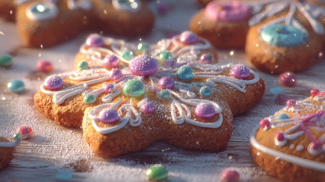 Festive gingerbread cookies adorned with colorful icing and sugar, perfect for holiday celebrations.