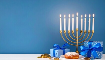 A golden menorah with lit candles sits beside blue gift boxes, a plate with a pastry, coins, and festive decor creating a warm Hanukkah mood on a blue wall 3d Render