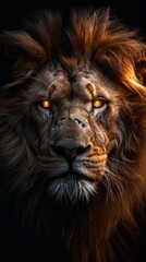 Fototapeta premium Intense close-up portrait of a powerful male lion. The king of beasts with glowing orange eyes and a scarred face on a black background