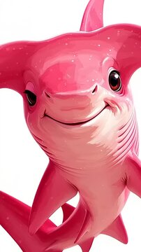 Adorable Pink Hammerhead Shark Cartoon Character Swimming in the Ocean.