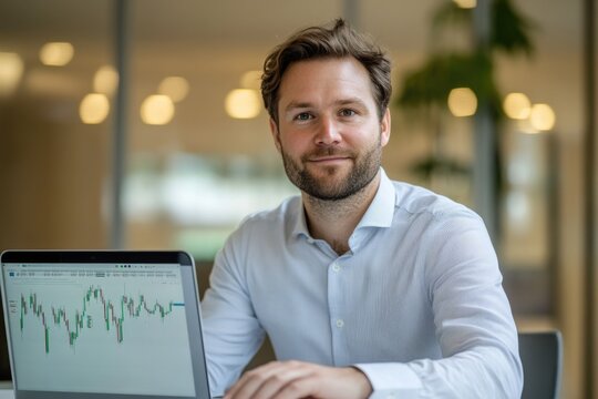 A smiling, bearded professional sits at a desk with a laptop showing financial charts, looking confidently at the camera in an office.