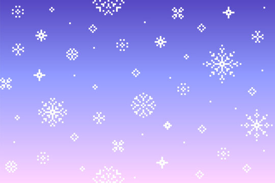 Pixel snowflake winter background with purple blue gradient