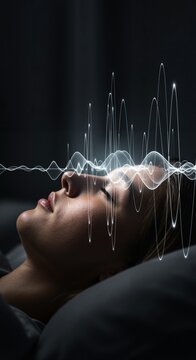 Woman sleeping with glowing waves around, representing brain rhythms, sound waves, neurology research. Calm and medetative sleeping routine, music for dreams. Alpha rhythms