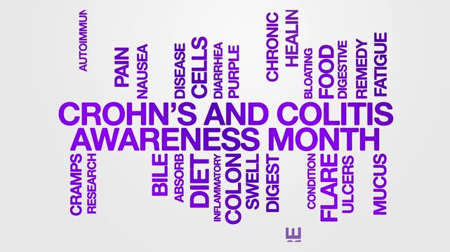 crohn's and colitis awareness month concept Animated Tag Word Cloud kinetic typography, Text Design Animation typography seamless loop video motion graphics Intro, Wordart purple type on white bg