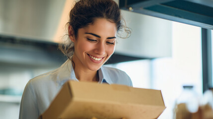 Customer's Anticipation: A smiling individual in a catering environment examines a takeout food order. This photo captures the excitement around receiving an anticipated meal.
