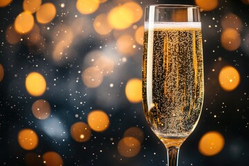 A sparkling champagne flute with golden bubbles against a festive dark background of warm bokeh lights and shimmering particles. Celebratory drink.
