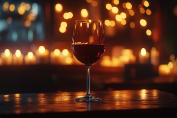 Elegant glass of red wine on a reflective table. Warm, blurred candlelight and bokeh lights craft a romantic, cozy, and luxurious evening ambiance.