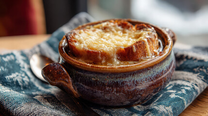 steaming bowl of classic french onion soup with melted gruyère cheese