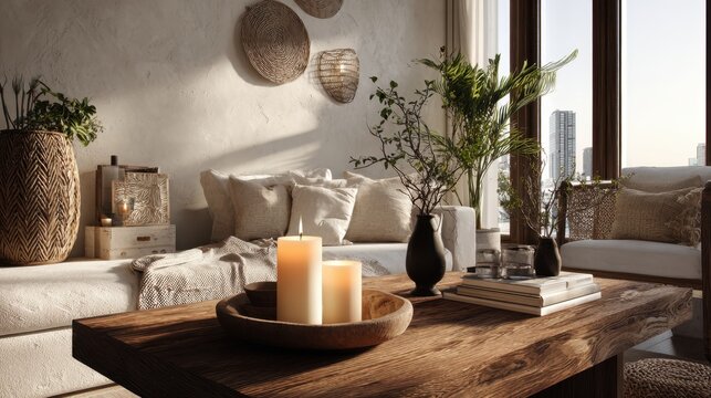 Cozy living room with rustic decor and candlelit ambiance for relaxation