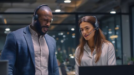 Man and a woman are talking on a computer. The man is wearing a suit and the woman is wearing a headset. Scene is professional and serious