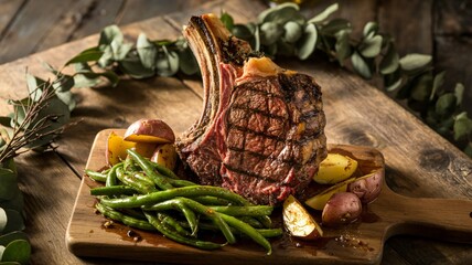 Dramatic view of roasted prime rib steak with vegetables for holiday dinner