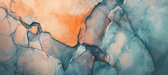 Abstract cracked surface with blue and orange hues creating a textured background art piece