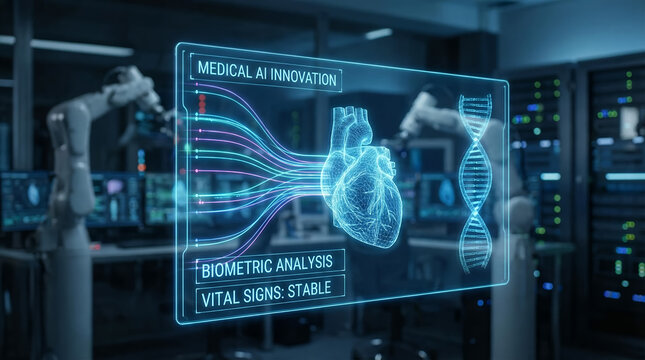 Futuristic Medical Technology with AI Holographic Interface Analyzing Human Heart and DNA