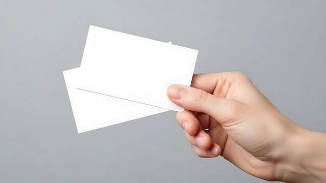 Hand holding blank white business cards for custom text display