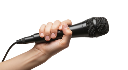 A human hand holds a black wired microphone, commonly used for public speaking, singing, or recording audio, presented against a white backdrop, isolated on transparent background