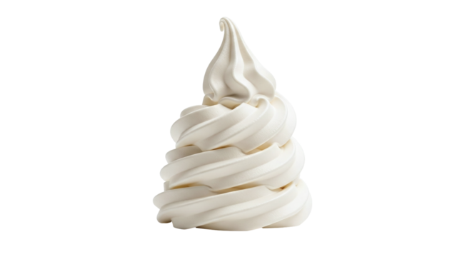 A perfect swirl of creamy vanilla soft serve ice cream, a classic and refreshing frozen dessert, often enjoyed on a hot summer day, presented beautifully isolated on a transparent background