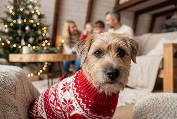 Dog wearing festive sweater indoors at Christmas time