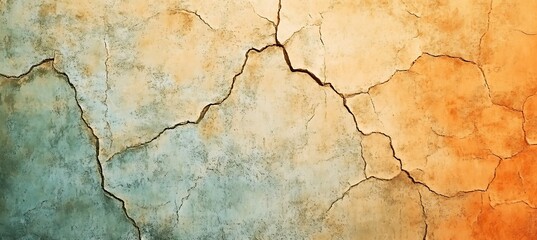 Obraz premium Close up of a cracked wall with orange and blue hues showing age and weathering on the surface texture