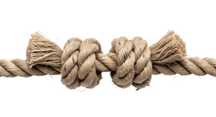 Two strong knots tied in a thick, textured natural fiber rope, symbolizing strength, connection, and security, isolated on transparent background