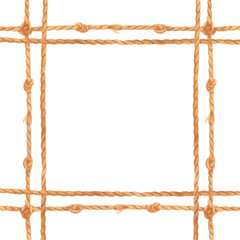 Hand-painted watercolor square frame made of twisted rope with sailor knots isolated on white. Nautical clipart border perfect for marine-themed designs, invitations, greeting cards and scrapbooking.