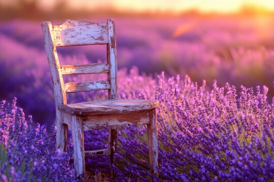 A rustic, weathered wooden chair stands amidst a vibrant lavender field, bathed in the warm, golden light of sunset.