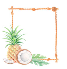 Watercolor tropical rope frame with pineapple, coconut and banana leaves. Food illustration isolated on white. Exotic fruits botanical vertical border for summer designs, menus, invitations, packaging