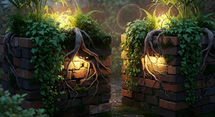 atmospheric lush overgrown brick planters with exposed roots and glowing lights for fantasy environment design and luxury home garden blogs