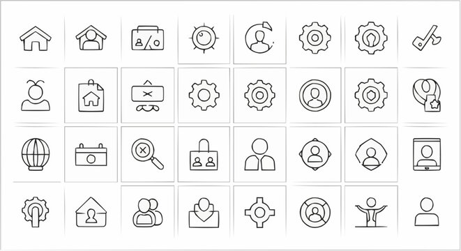 Collection of thirty six hand drawn style icons featuring people settings and other common interface symbols