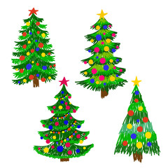 A set of hand-drawn Christmas trees. Cute, simple children's drawings. Isolated on a white background. Suitable for Christmas and New Year's decor, card design, etc. Vector illustration.