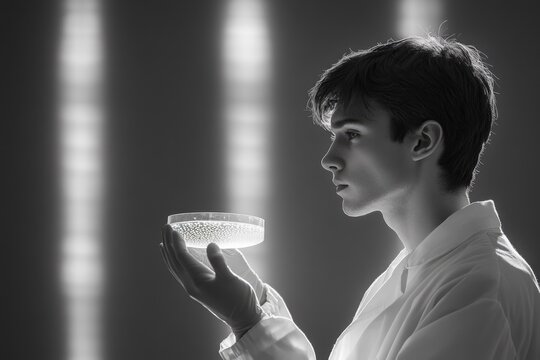 A focused young researcher in a lab coat and gloves observes a petri dish containing a luminous, cellular substance under stark lighting.