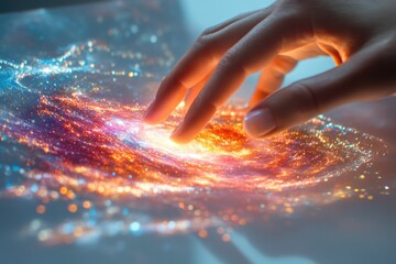 A human hand interacts with a shimmering, cosmic-like digital display, creating a vibrant swirl of glowing particles and light.