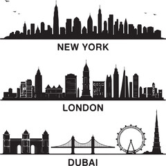 Fototapeta premium Clean black city skyline silhouettes featuring New York, London and Dubai landmarks. Perfect for travel designs, posters, banners, tourism and editorial use.